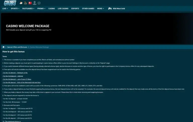 Coldbet Casino welcome package terms with the four deposit steps and free spins