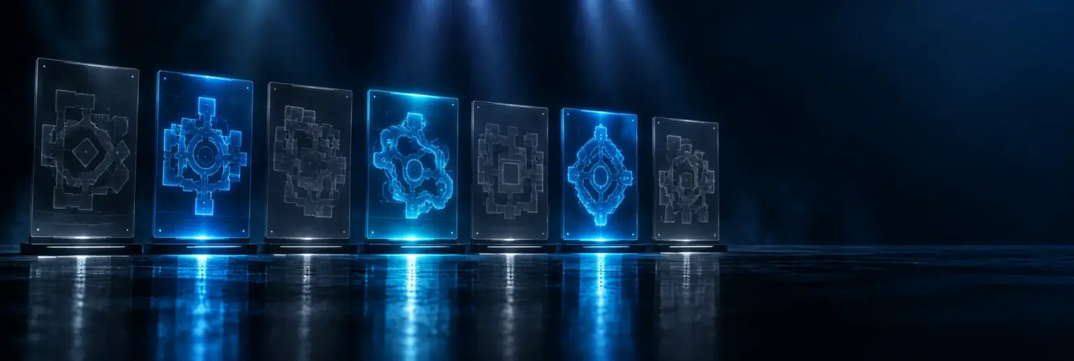 Seven holographic map panels in a row, three lit in blue and four dimmed, showing a veto