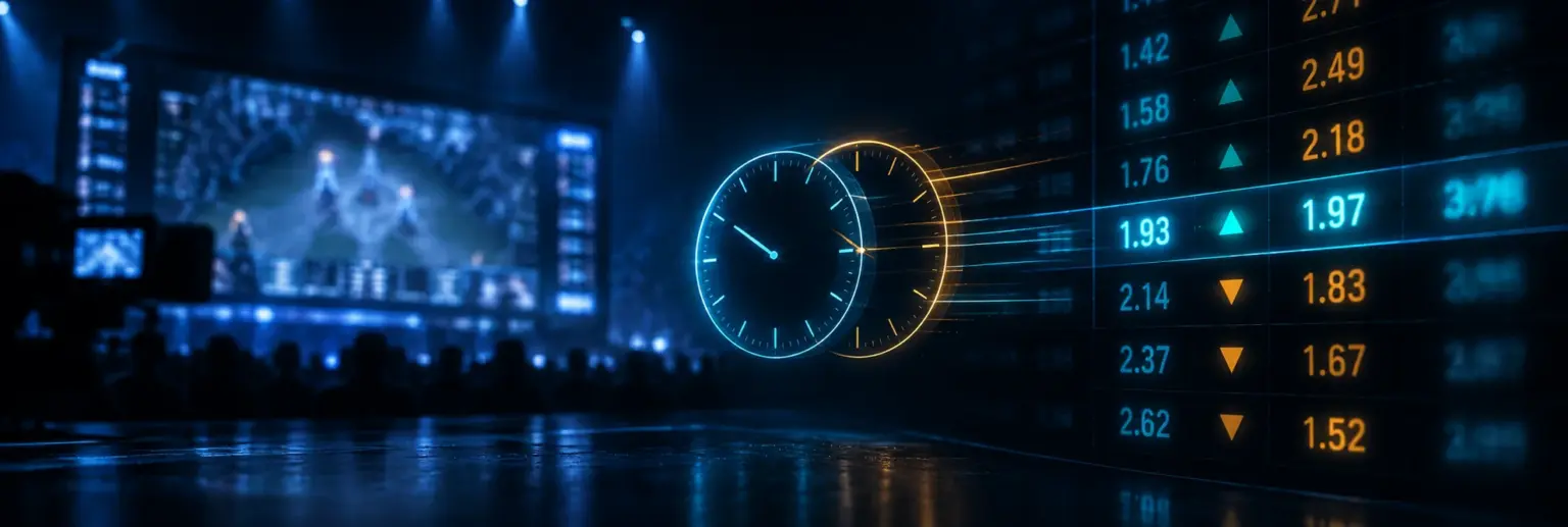 Blurred broadcast screen beside a column of shifting decimal odds with two misaligned clock rings between them