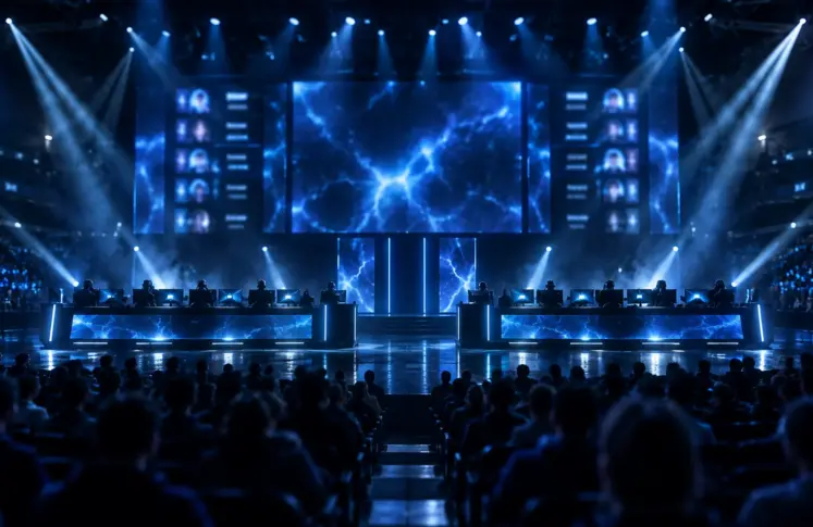 Esports arena seen from the crowd with two rows of player desks below a tall stage screen in blue light