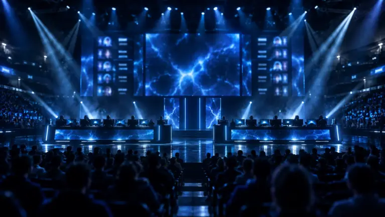 Esports arena seen from the crowd with two rows of player desks below a tall stage screen in blue light