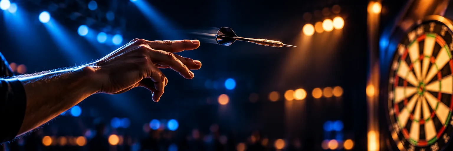 A players hand releasing a dart with stage lights behind