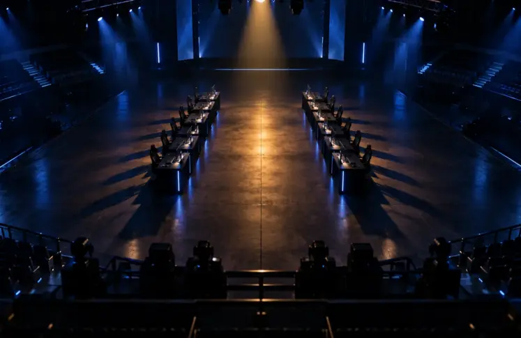 Empty esports arena from above with two facing rows of player desks on a wide stage and a single amber spotlight down the centre