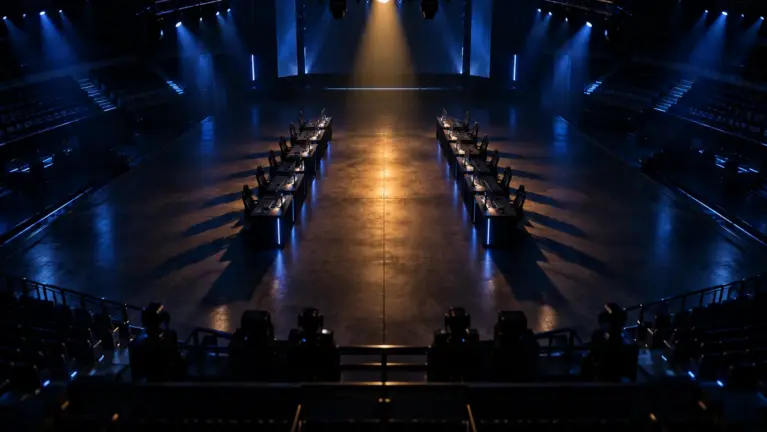 Empty esports arena from above with two facing rows of player desks on a wide stage and a single amber spotlight down the centre