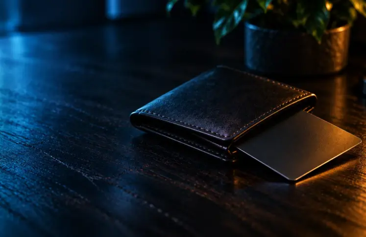 A black leather wallet on a dark wooden table with a blank matte card sliding out, a potted plant blurred in the background