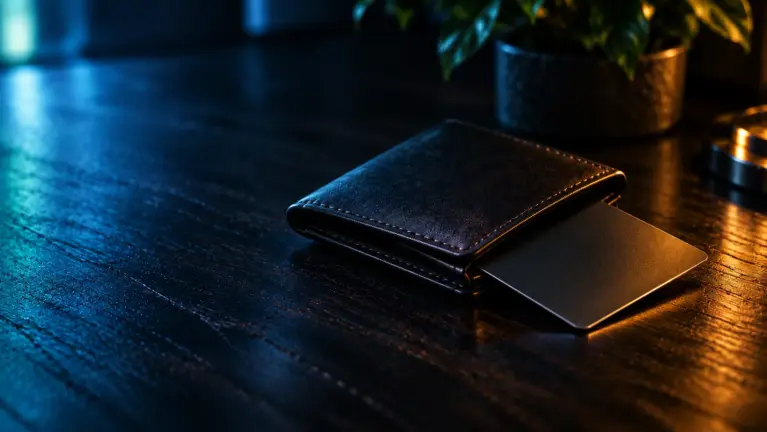 A black leather wallet on a dark wooden table with a blank matte card sliding out, a potted plant blurred in the background