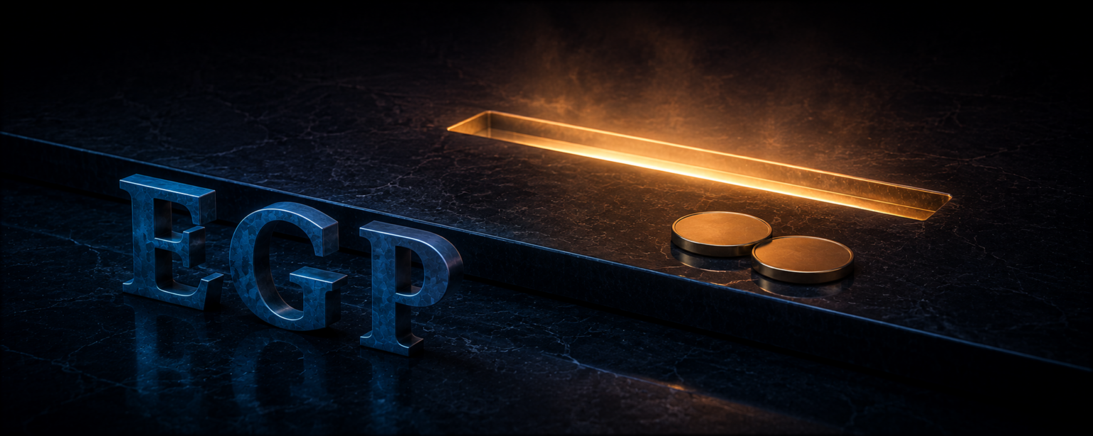 A cashier counter with a slot pouring amber light, two blank metal discs accepted beside it and the EGP letterforms stopped behind a raised lip