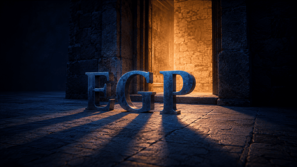 Sculpted bronze letters spelling EGP held back on the threshold of a stone doorway whose interior glows amber, the letters themselves in blue shadow