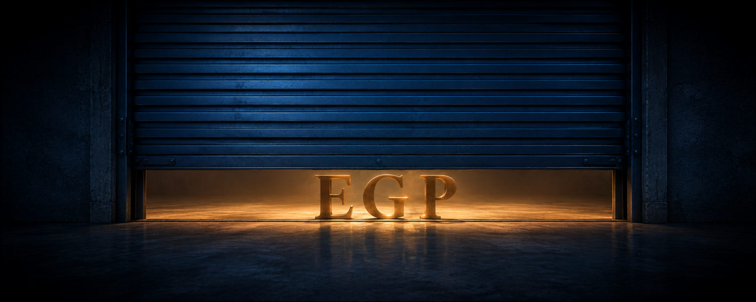 A heavy steel gate half lowered across a wide passage with amber light spilling through the narrowing gap, the EGP letterforms on the far side