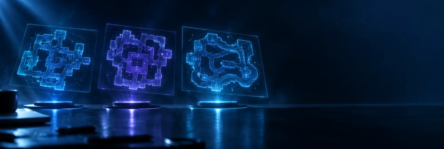 Three glowing holographic map layouts on podiums in blue and violet