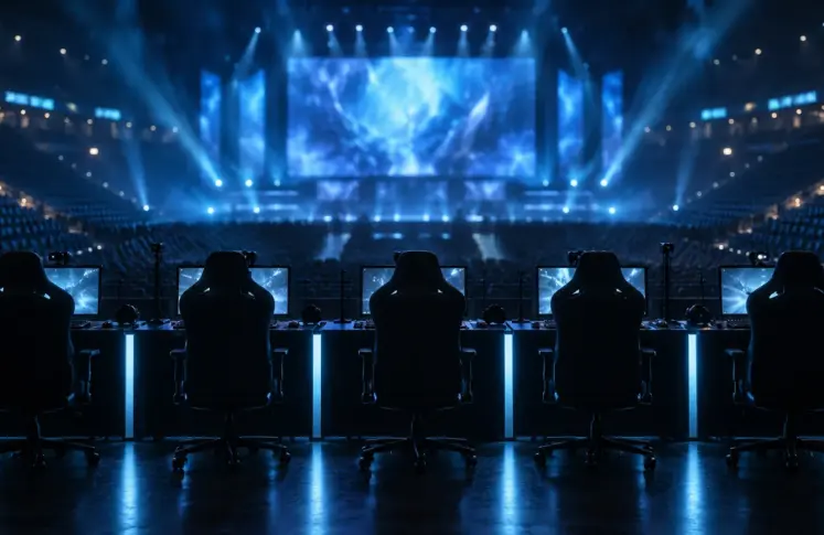 Empty esports arena seen from behind five player desks, blue stage lights on the main screen