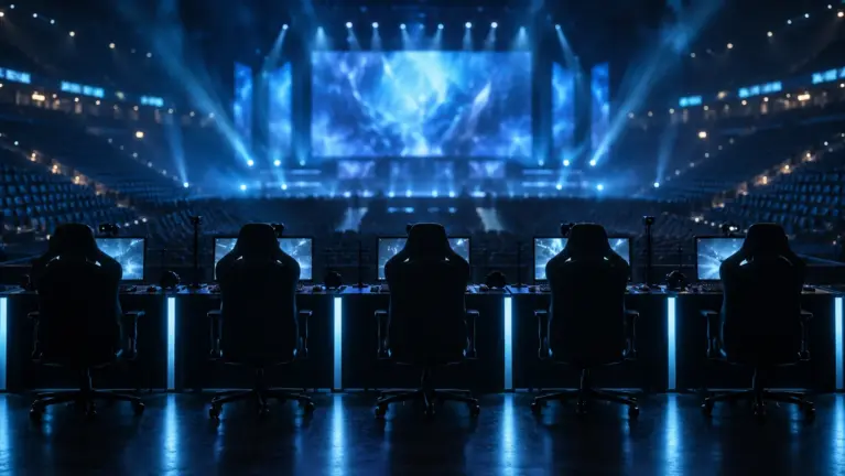 Empty esports arena seen from behind five player desks, blue stage lights on the main screen
