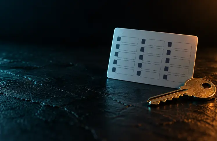 Euteller casinos header: bank code card and key on a dark slate surface