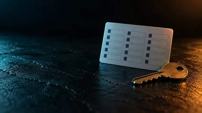 Euteller casinos header: bank code card and key on a dark slate surface