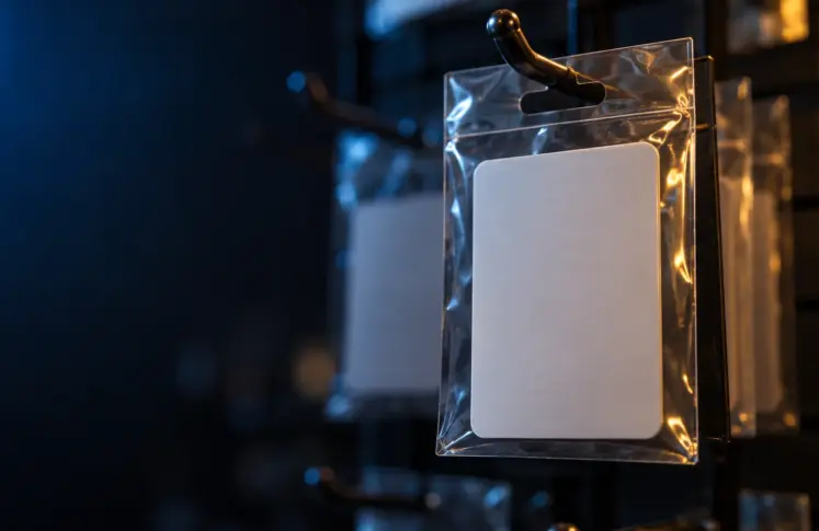 A blank prepaid voucher card in a clear plastic sleeve hanging from a display hook in a dark shop, lit in blue