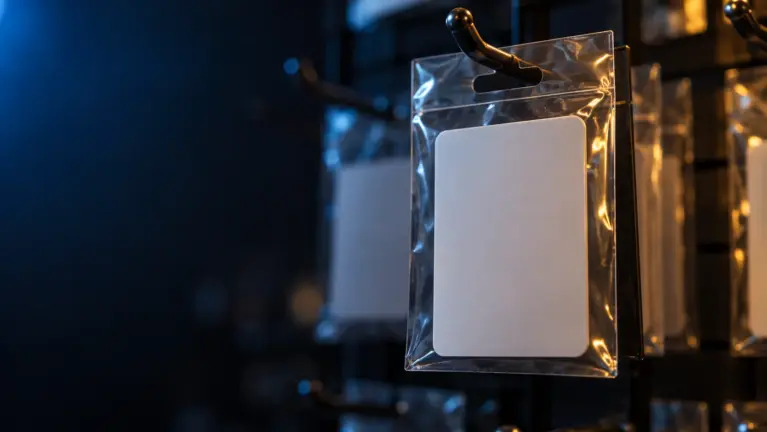 A blank prepaid voucher card in a clear plastic sleeve hanging from a display hook in a dark shop, lit in blue