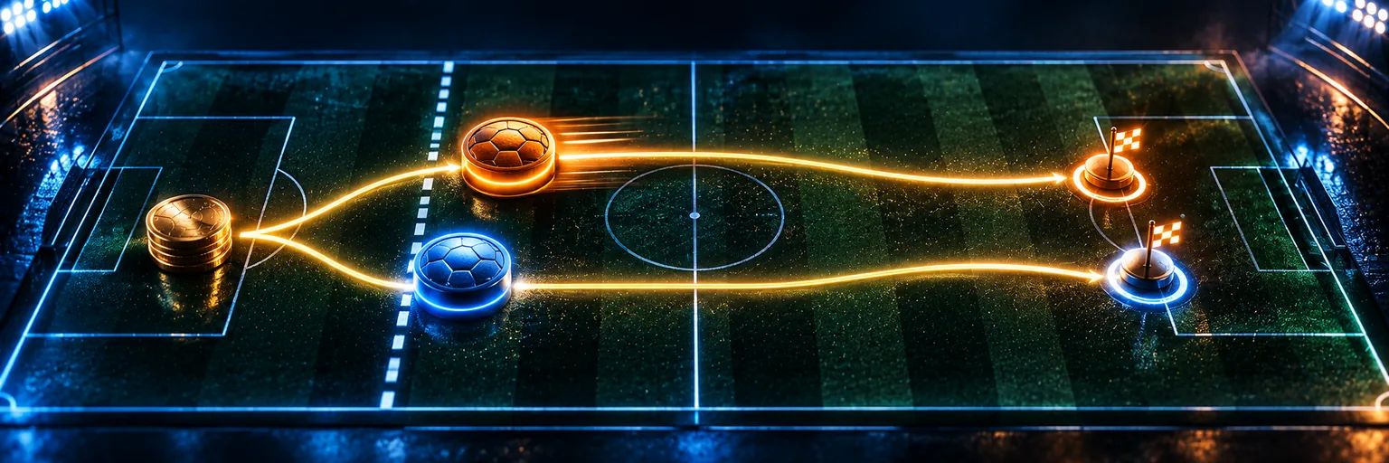 Two teams on a pitch with one given a head start and a stake splitting into two paths
