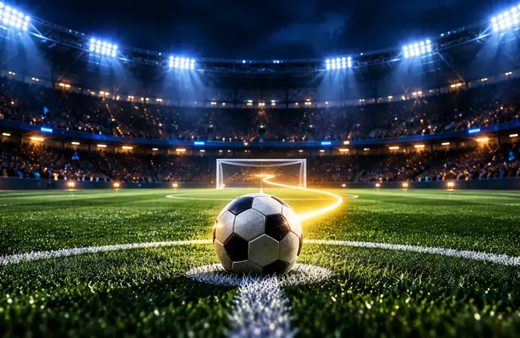 A football on the centre spot of a floodlit stadium at night