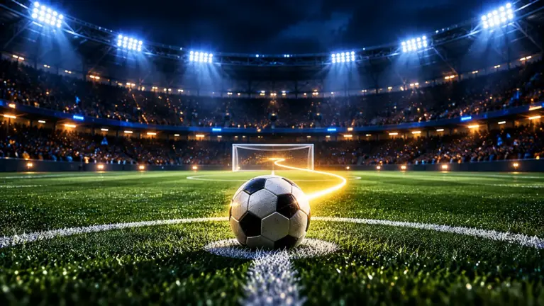 A football on the centre spot of a floodlit stadium at night