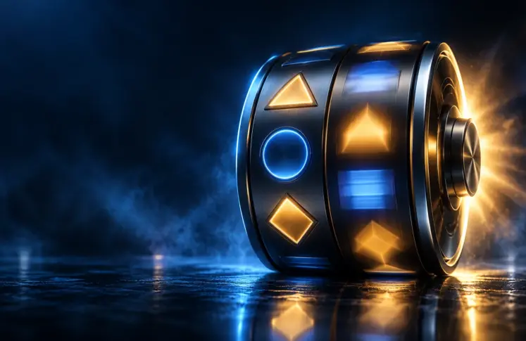 Polished metal slot reel drum caught mid spin with a burst of gold light behind it