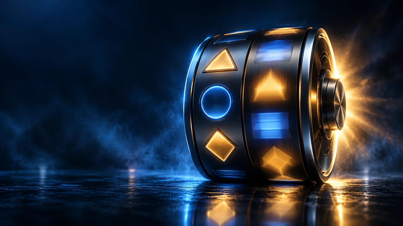 Polished metal slot reel drum caught mid spin with a burst of gold light behind it