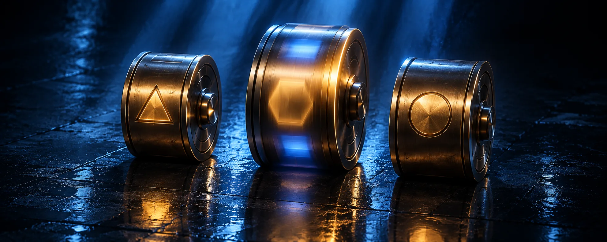 Three brass reel drums on a wet floor, the middle one spinning, each showing an abstract symbol