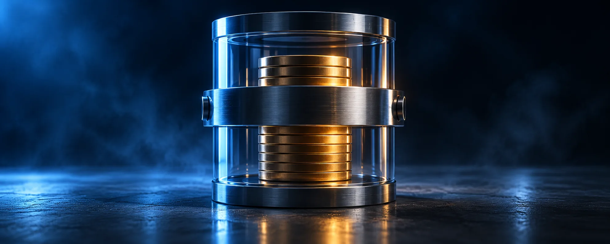 Stack of blank gold coins sealed inside a glass cylinder clamped by a steel ring
