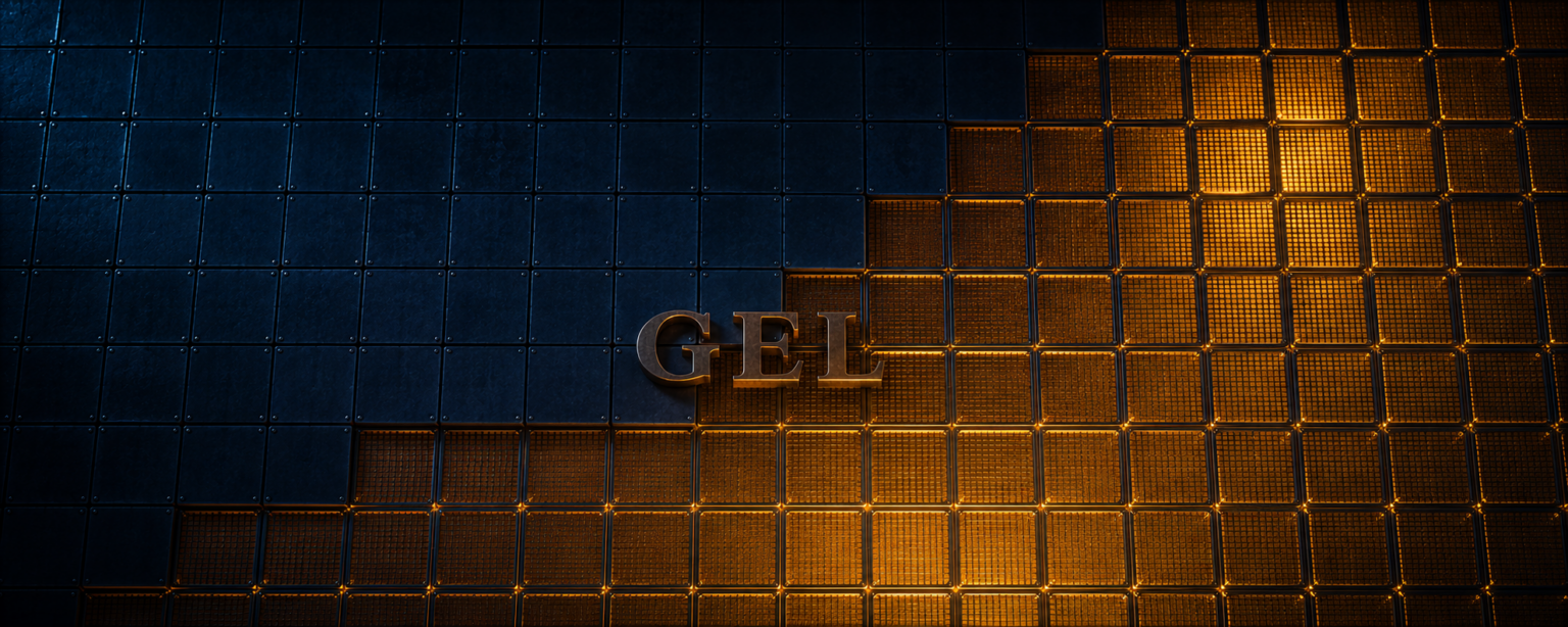 A field of steel tiles seen from above with a large contiguous area capped in dark plates and the rest glowing amber, the GEL letterforms on the boundary