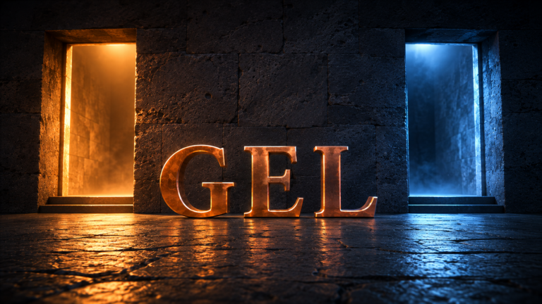 Sculpted copper letters spelling GEL standing between two doorways cut side by side into a stone wall, one glowing amber and one lit cold blue