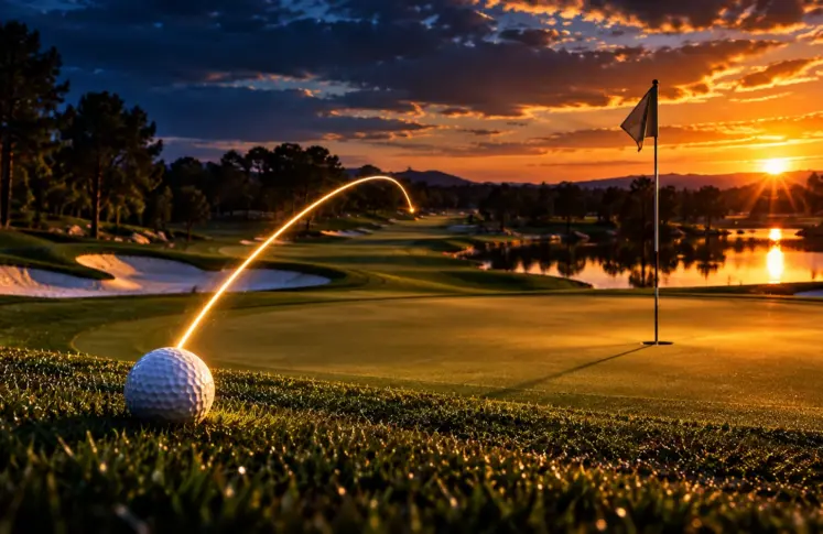 A golf ball beside the green at sunset with a glowing arc back down the fairway