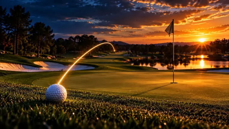 A golf ball beside the green at sunset with a glowing arc back down the fairway