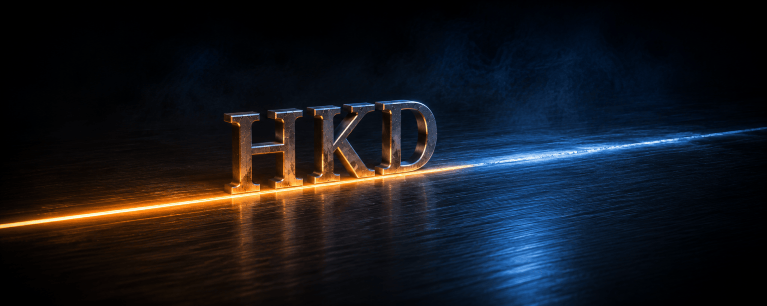 The HKD letterforms standing between two boundary lines of amber light, the second one drawn beyond the first and fading out halfway