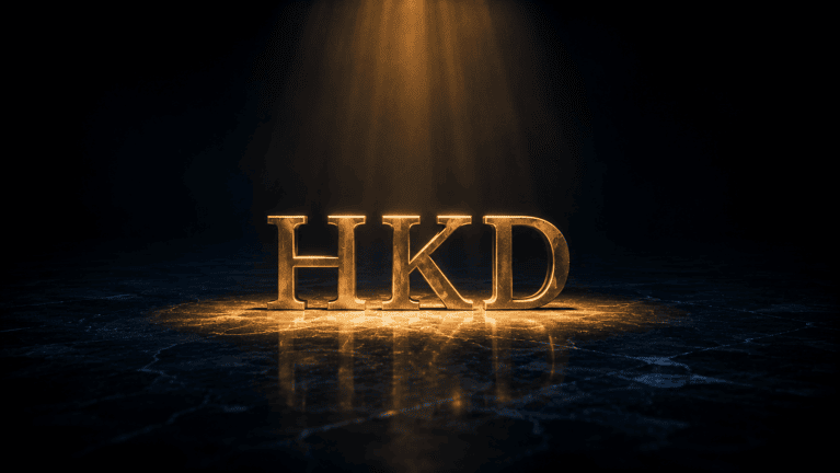 Sculpted brass letters spelling HKD standing alone inside a single narrow pool of amber spotlight on dark marble, everything else empty and blue