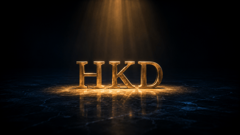 Sculpted brass letters spelling HKD standing alone inside a single narrow pool of amber spotlight on dark marble, everything else empty and blue