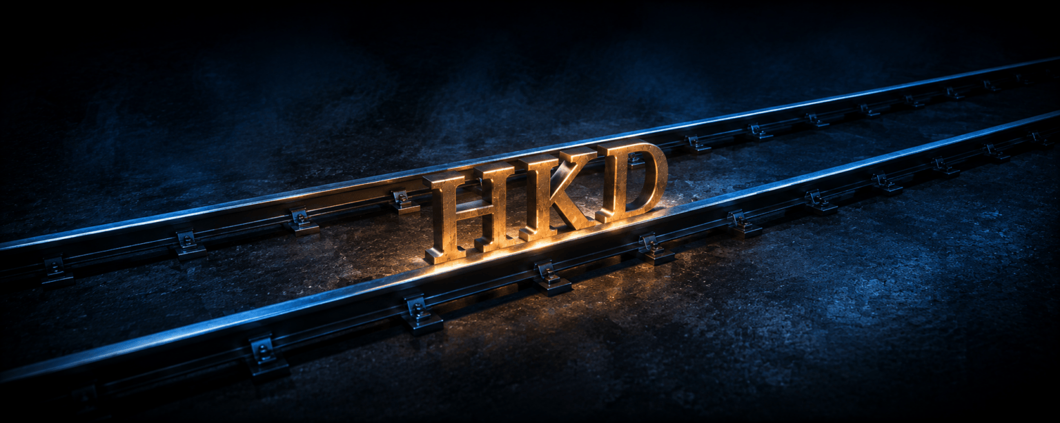The HKD letterforms sitting between two parallel steel rails held apart by regular crossbars, never converging or diverging