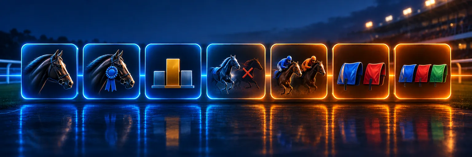 Seven horse racing bet type tiles shading from blue to orange