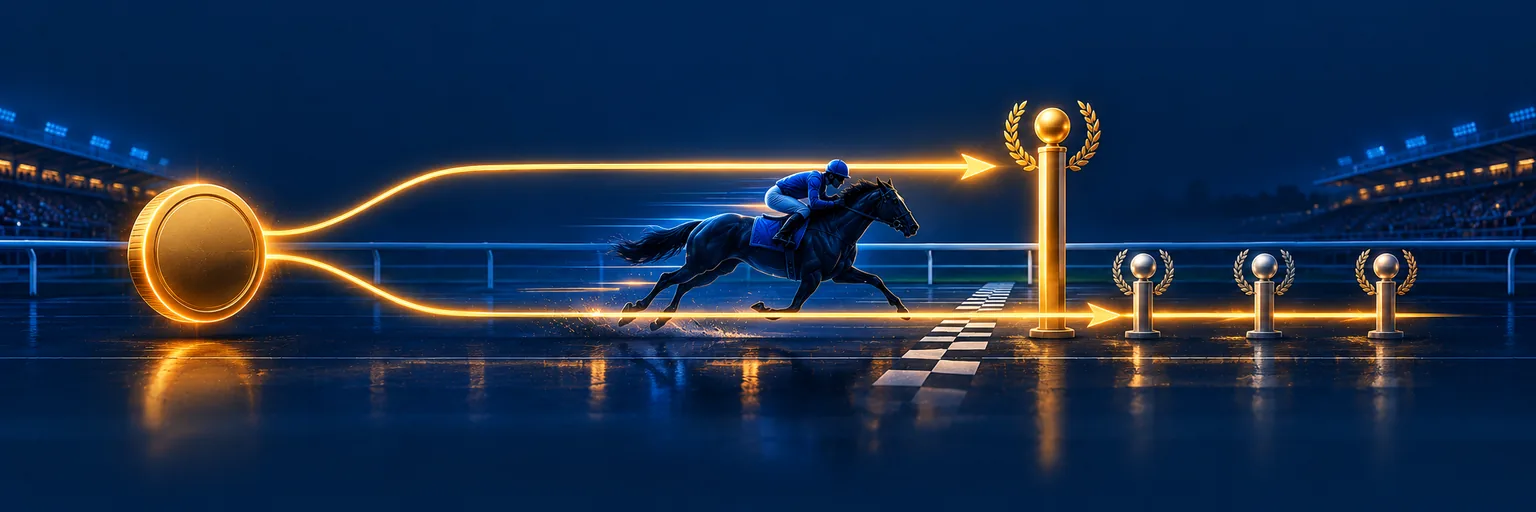 A stake splitting into a win part and a place part as a racehorse crosses the finishing line