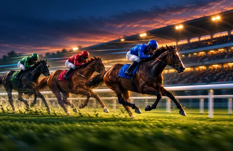 Three racehorses in full gallop on a turf track in front of a floodlit grandstand