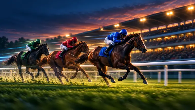 Three racehorses in full gallop on a turf track in front of a floodlit grandstand