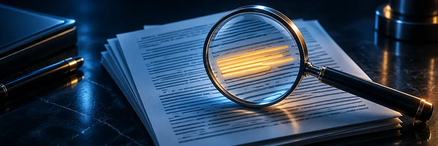 Magnifying glass over a stack of printed terms with a few lines highlighted in gold