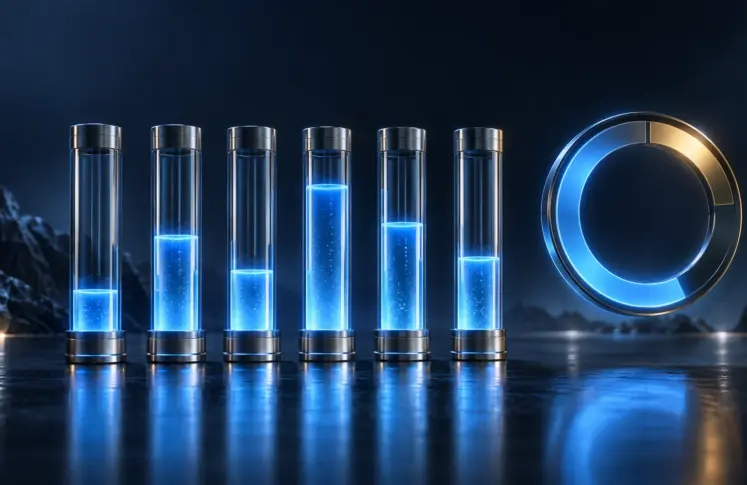 Six glass gauge columns filled to different levels feeding a glowing circular score dial