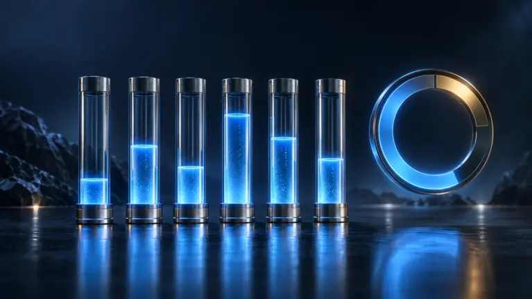 Six glass gauge columns filled to different levels feeding a glowing circular score dial