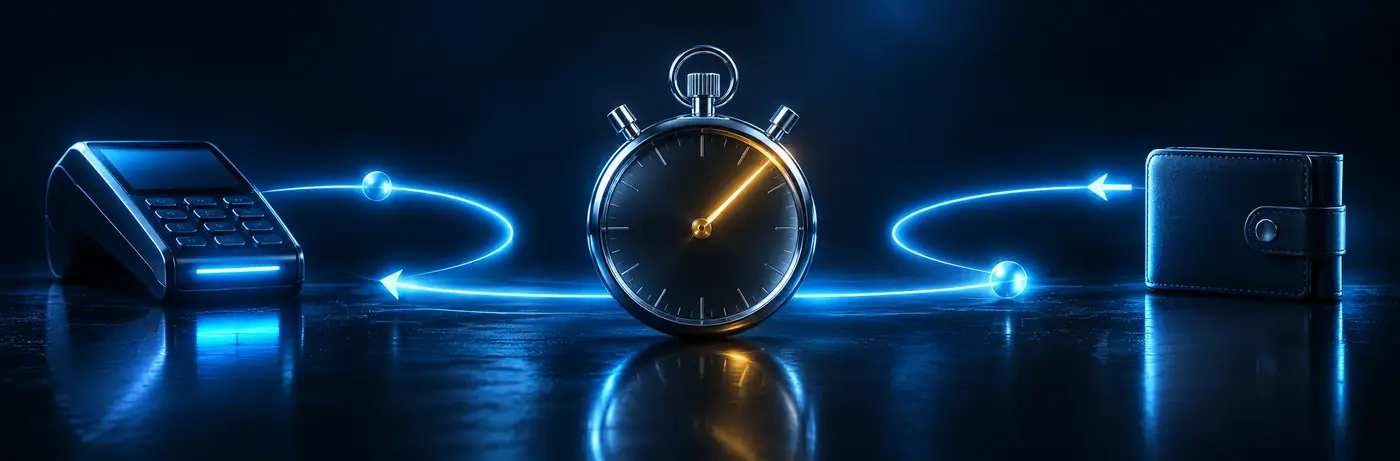 Chrome stopwatch between a payment terminal and a wallet with a glowing blue round trip path