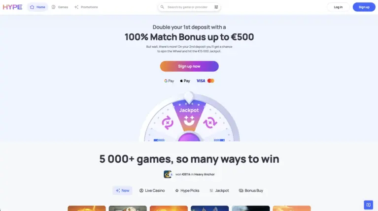 HypeKasino home page with the 100% match bonus and the prize wheel
