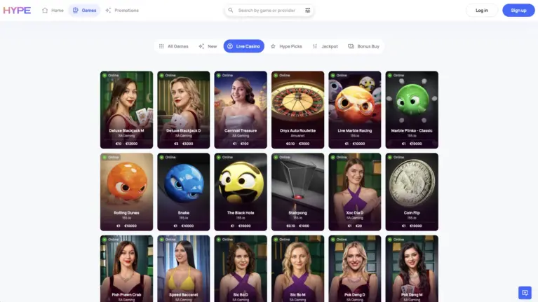 HypeKasino live casino lobby with blackjack, roulette and marble game shows