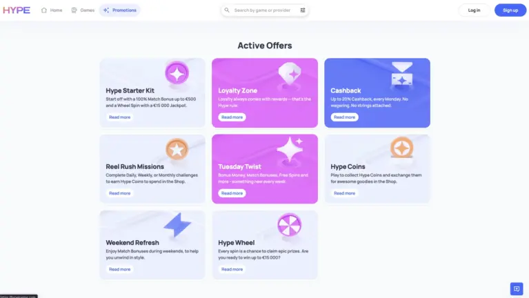 Promotions page showing the Hype Starter Kit, Loyalty Zone, cashback and missions