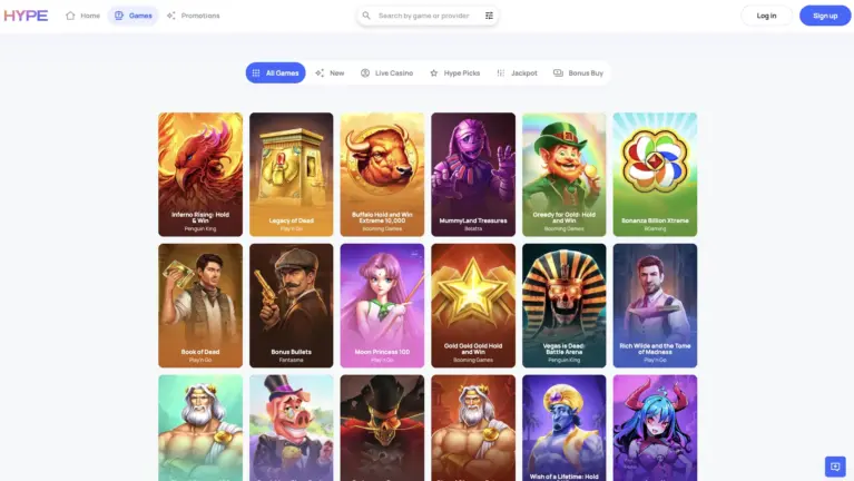 Slots lobby with the all games, new, jackpot and bonus buy tabs