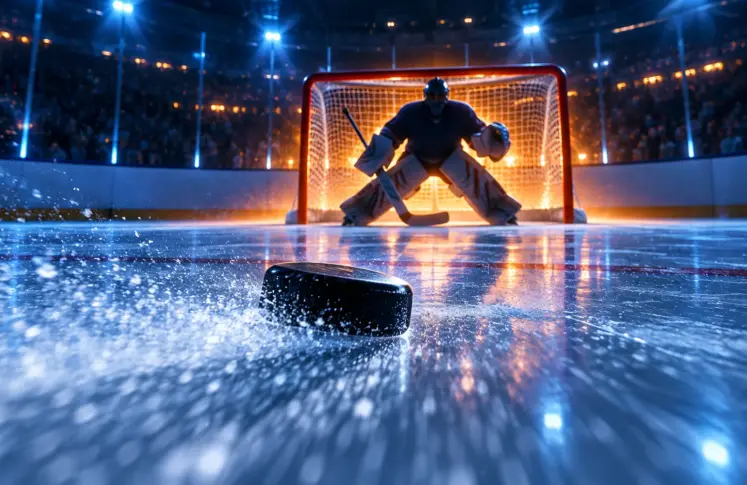 A puck sliding towards a goalie crouched in a lit ice hockey goal