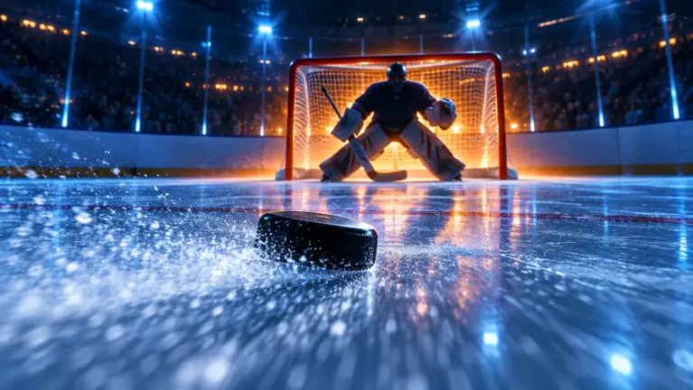 A puck sliding towards a goalie crouched in a lit ice hockey goal