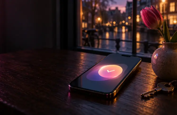 Smartphone on an oak table next to a tulip vase and a bicycle key, showing a payment confirmation